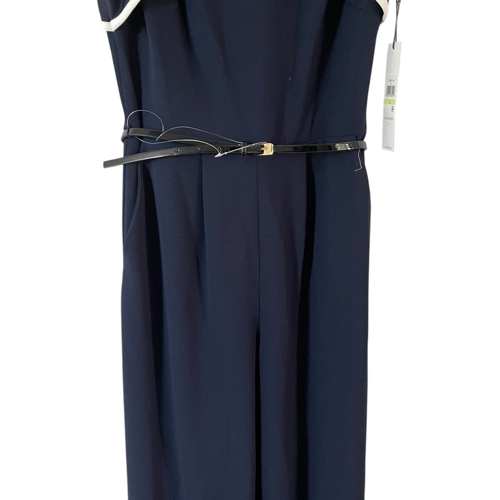 NWT Calvin Klein Navy White Accents Belted Wide Leg Jumpsuit Women Size 4 - Picture 5 of 9